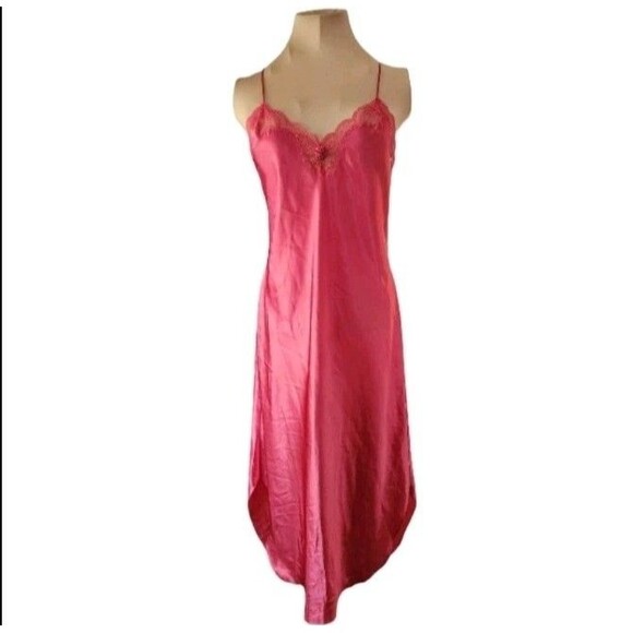 Vintage Amelia’s Fuchsia Satin Slip Lace Trim Nightgown 80s 90s Lingerie Medium - Picture 1 of 5